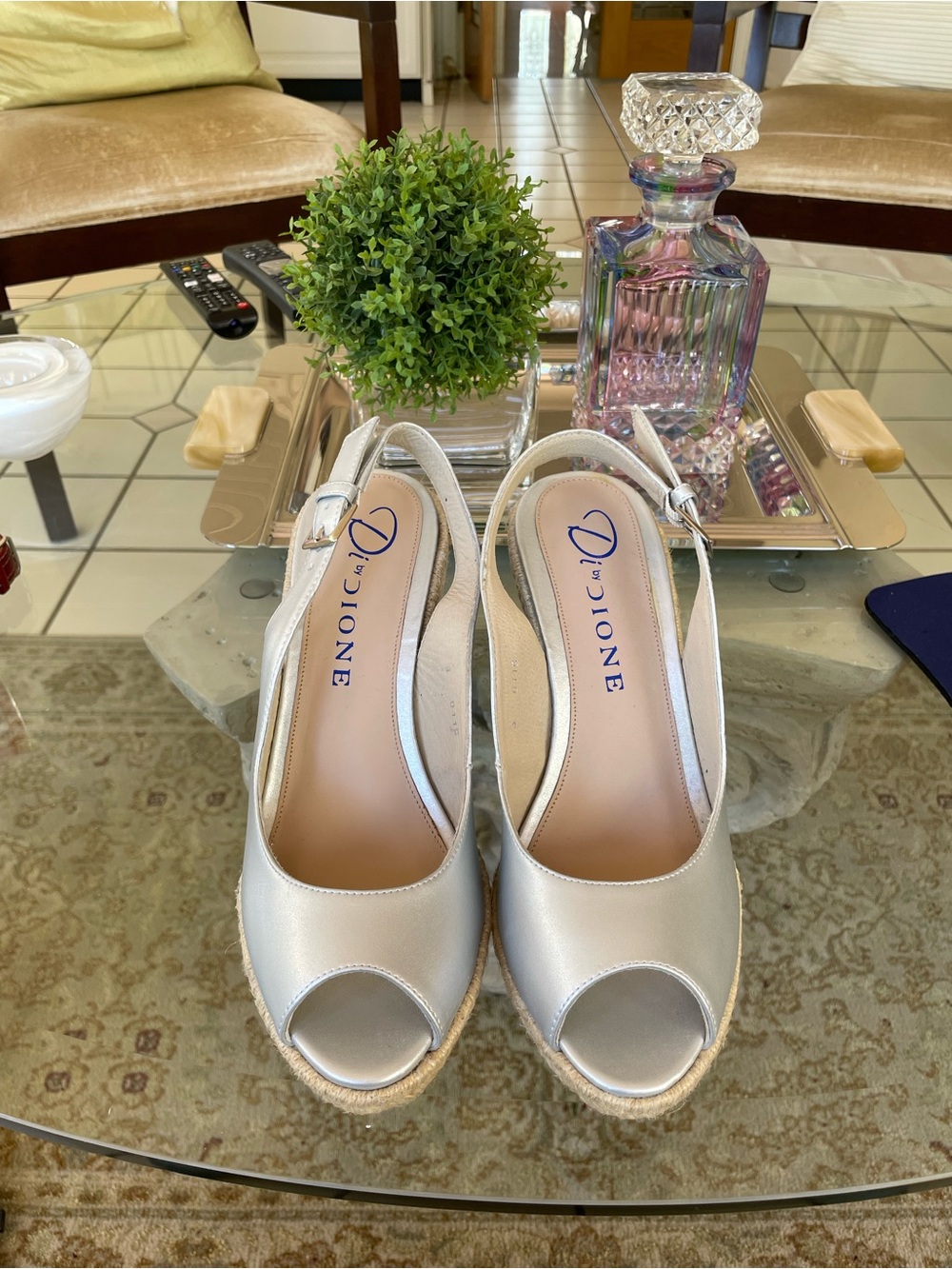 Silver Peep-Toe Slingback Wedge Espadrilles